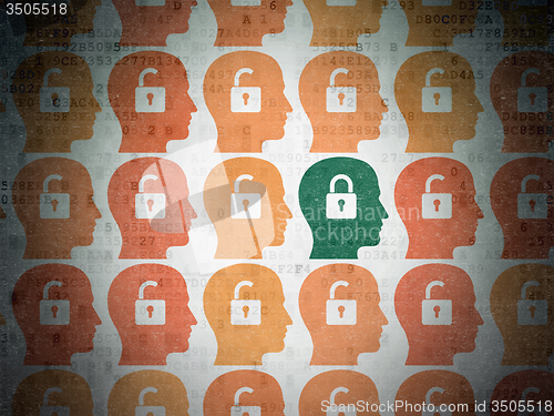 Image of Security concept: head with padlock icon on Digital Paper background