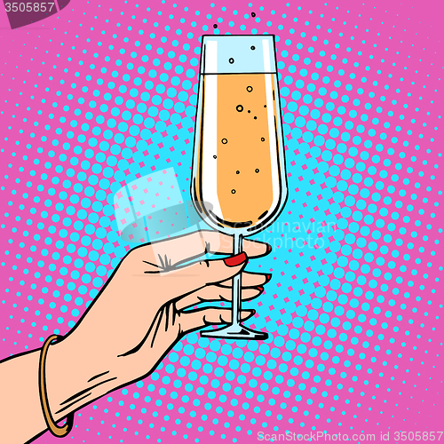 Image of Toast a female hand with glass of champagne celebration party