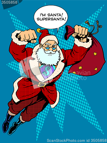 Image of Santa Claus is flying with gifts like a superhero