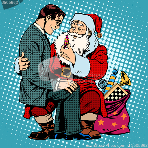 Image of Christmas gift. Santa Claus and businessman