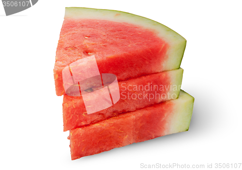 Image of Stack of three pieces of ripe red watermelon