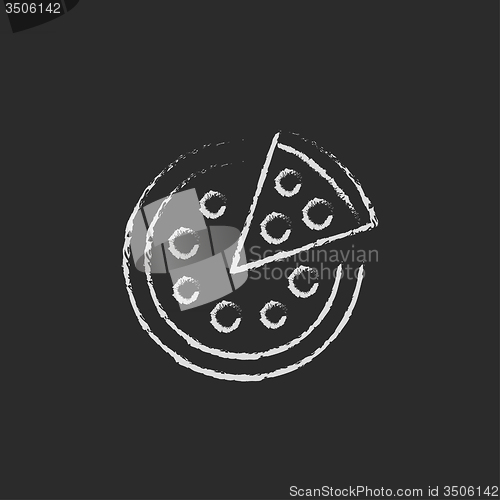 Image of Whole pizza with a slice icon drawn in chalk.