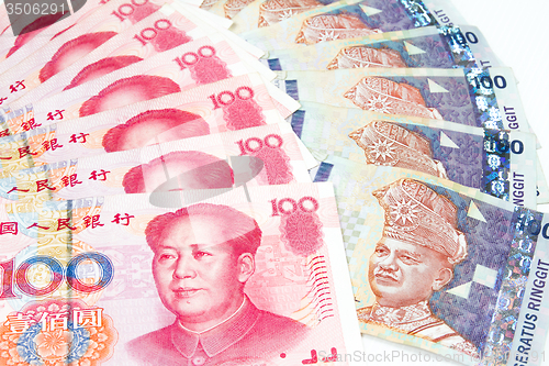 Image of China and Malaysia Bills in White Background