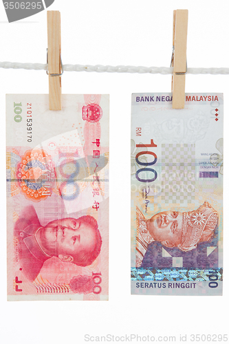 Image of China and Malaysia Currency on Clothesline