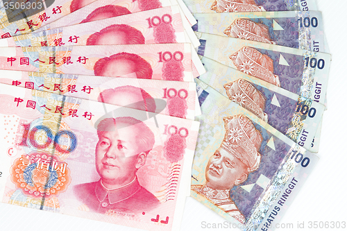 Image of China and Malaysia Bills in White Background