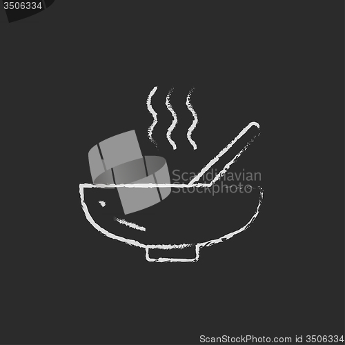 Image of Bowl of hot soup with spoon icon drawn in chalk.