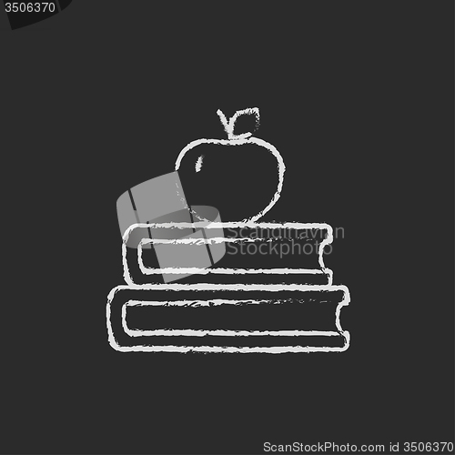 Image of Books and apple on the top icon drawn in chalk.