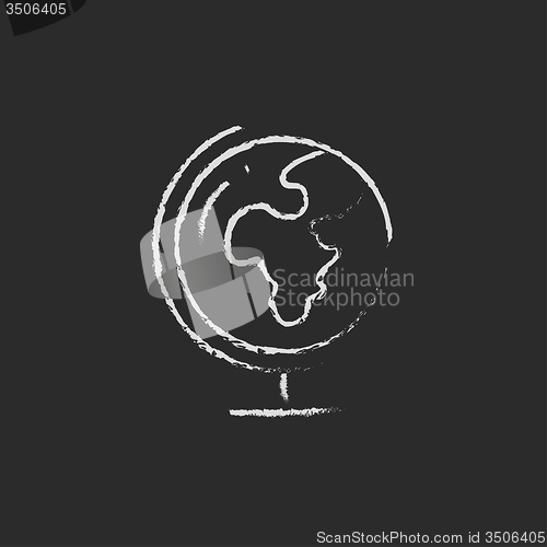 Image of World globe on stand icon drawn in chalk.