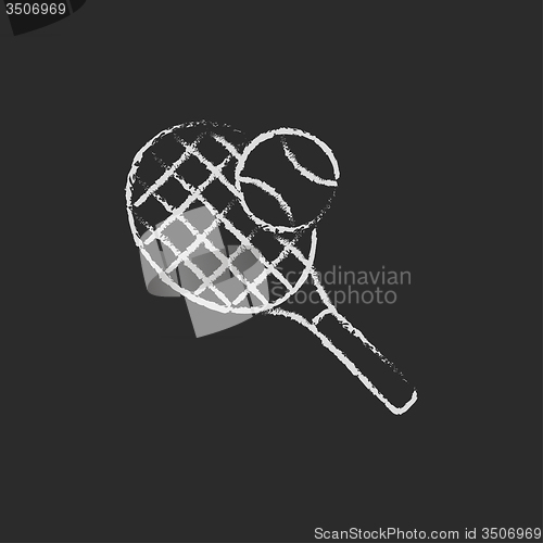 Image of Tennis racket and ball icon drawn in chalk.