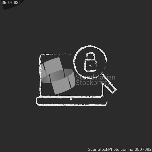 Image of Laptop and magnifying glass icon drawn in chalk.