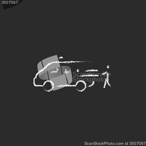 Image of Man with patient and ambulance car icon drawn in chalk.