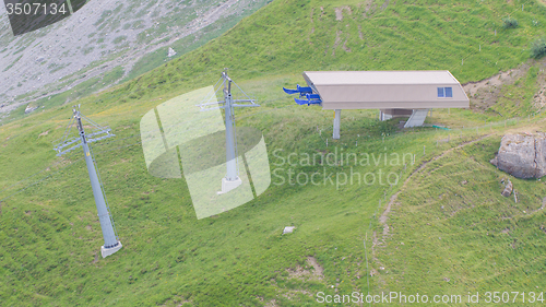 Image of End station of a ski lift, high in the mountains