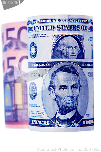 Image of currency , dollars and euros on a white background