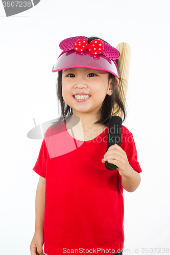 Image of Chinese little girl holding baseball bat