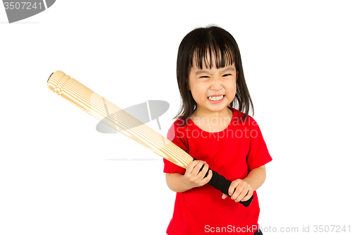 Image of Chinese little girl holding baseball bat with angry expression