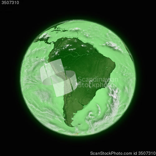 Image of South America on green planet Earth
