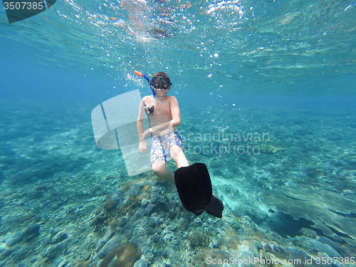 Image of Underwater shoot of a young boy snorkeling