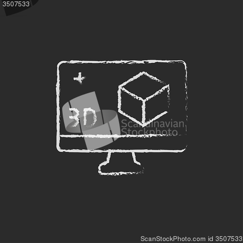 Image of Computer monitor with 3d box icon drawn in chalk.