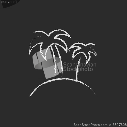 Image of Two palm trees on an island icon drawn in chalk.