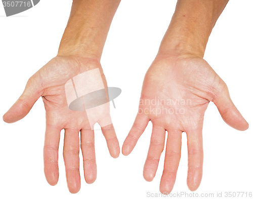 Image of Hands of a male person with fingers spread isolated towards whit