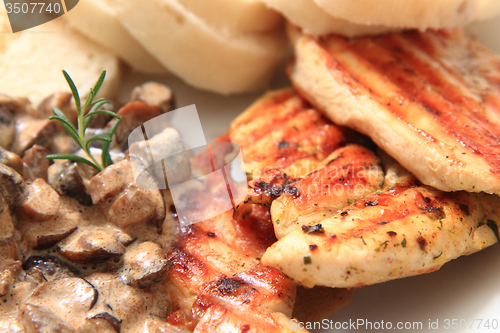 Image of chicken meat with mushrooms and dumplings