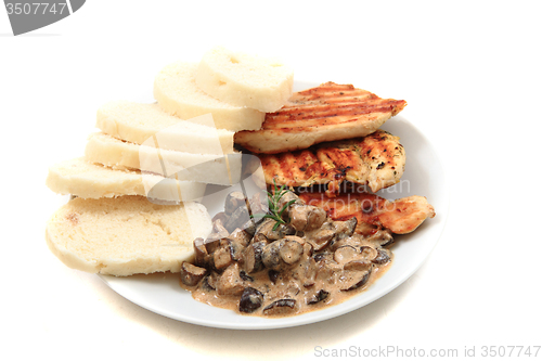 Image of chicken meat with mushrooms and dumplings