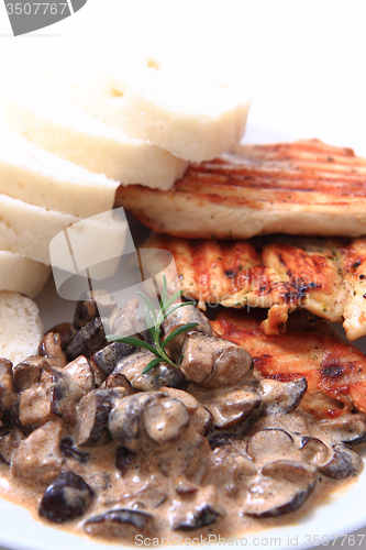 Image of chicken meat with mushrooms and dumplings