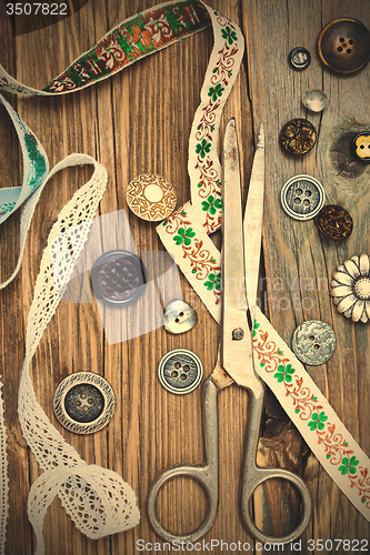 Image of Old scissors, old lace and vintage buttons