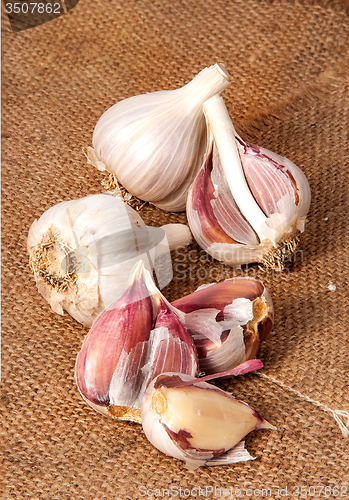 Image of Garlic scattered on sackcloth