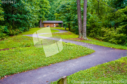 Image of Log cabin surrounded by the forest at lake santeetlah north caro