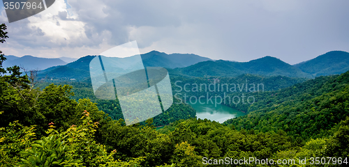 Image of beautiful aerial scenery over lake fontana in great smoky mounta