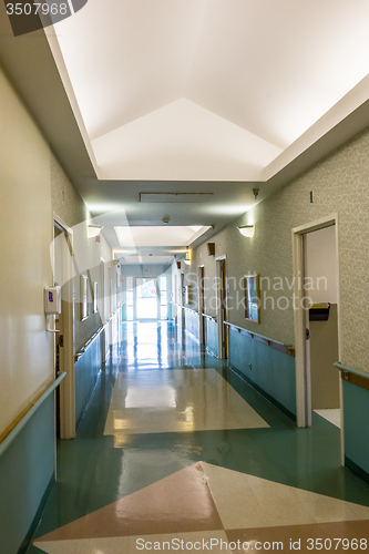 Image of hospital hallway interior architecture and finishes in corridor