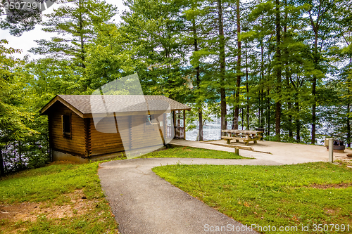 Image of Log cabin surrounded by the forest at lake santeetlah north caro