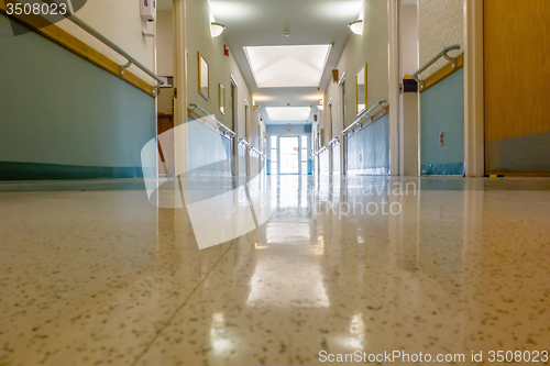 Image of hospital hallway interior architecture and finishes in corridor