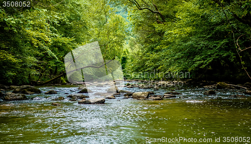 Image of broad river water flow through blue ridge mountains