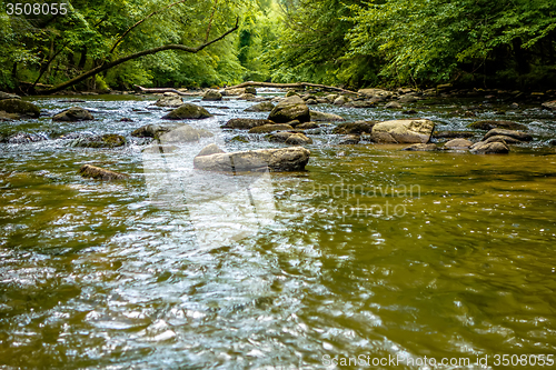 Image of broad river water flow through blue ridge mountains