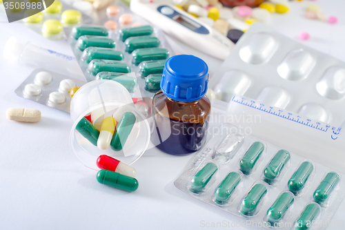 Image of color pills and medical bottle