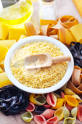 Image of assortment of raw pasta and wheat on wooden background