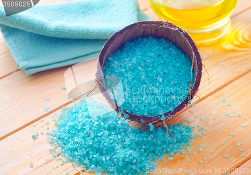 Image of Blue sea salt on the wooden table