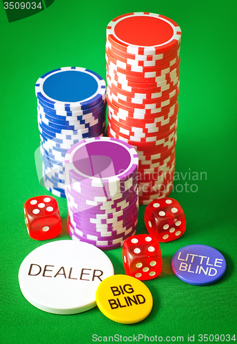 Image of Group from chips for poker on the green background
