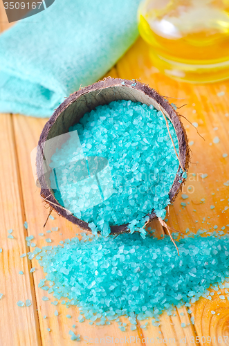 Image of Blue sea salt on the wooden table