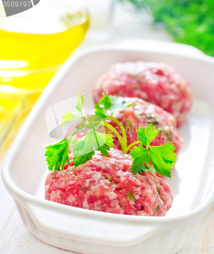 Image of Raw meat balls in the white bowl