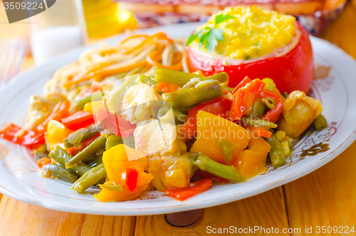 Image of Fresh dinner in the plate, pasta and vegetable stew