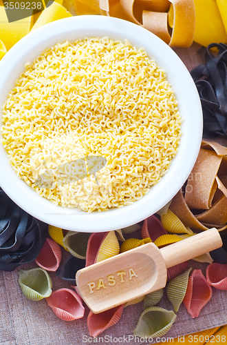 Image of assortment of raw pasta and wheat on wooden background