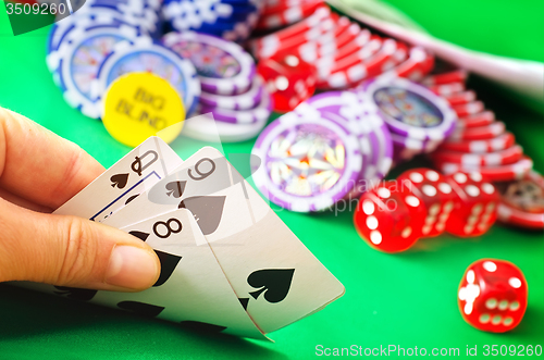 Image of Card for poker in the hand, chips and card for poker