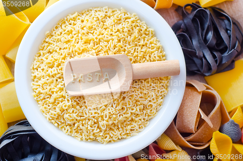 Image of assortment of raw pasta and wheat on wooden background