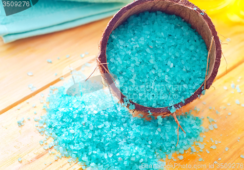 Image of Blue sea salt on the wooden table