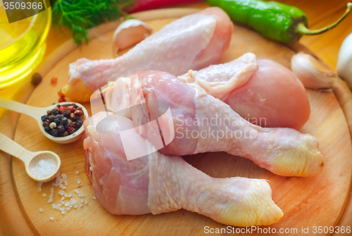 Image of Raw chicken on wooden board, Chicken with spice