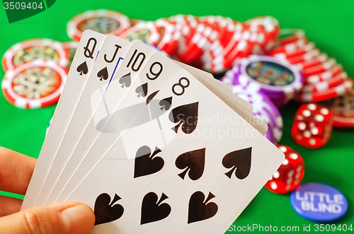 Image of Card for poker in the hand, chips and card for poker