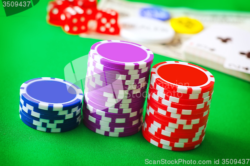 Image of Group from chips for poker on the green background